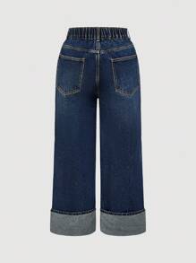 Maija 加大码高腰直筒牛仔裤，卷边裤脚，九分裤，舒适松紧腰带，复古牛仔秋季女装 - 深色水洗藍 - 查看 2