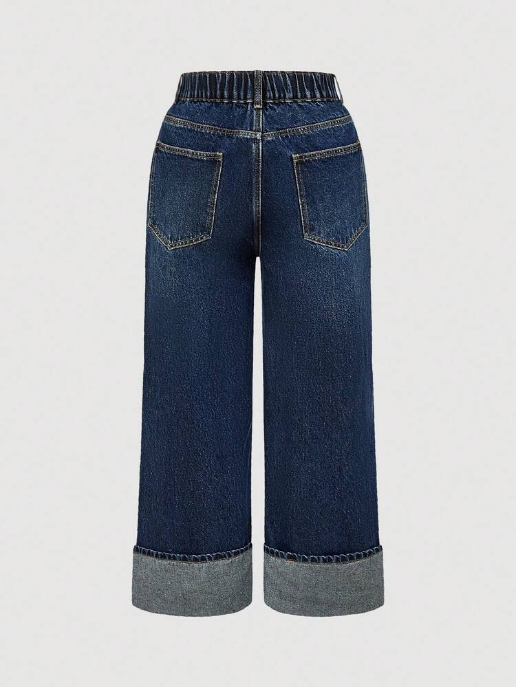 SHEIN Maija Plus Size High Waist Straight Jeans With Folded Hems, Ankle Pants, Comfortable Elastic Waistband, Retro Denim Fall Women Clothes