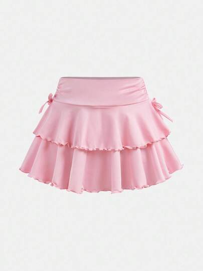 SHEIN Girlism Tween Girl Street Casual Knit Solid Color Drawstring Waist Pleated Hem Skirt Fall Winter