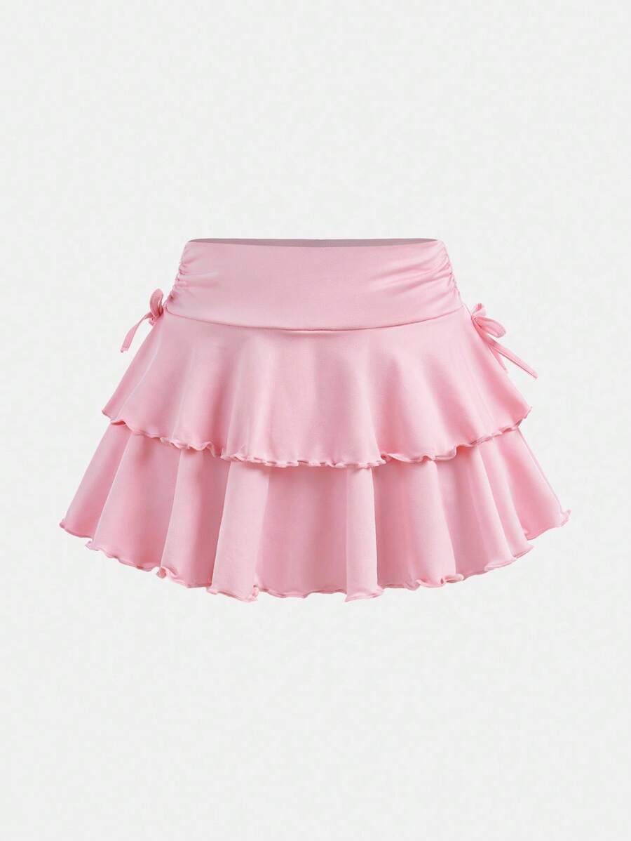 SHEIN Girlism Rok Rajut Kasual Gaya Jalanan untuk Remaja Perempuan, Warna Polos, dengan Tali Serut di Pinggang dan Hem Berlipit, Cocok untuk Musim Gugur dan Musim Dingin. - Berwarna merah muda - View 1