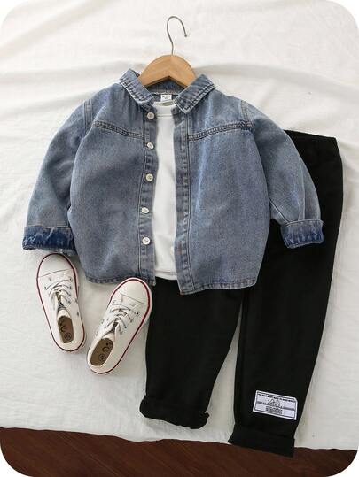 SHEIN 2 st set med tjock skjorttopp och fleecebyxor för pojkar, blått, tvättat, vändbar krage, avslappnad och sportig skolmodell, lämplig för hemma- och utomhusbruk