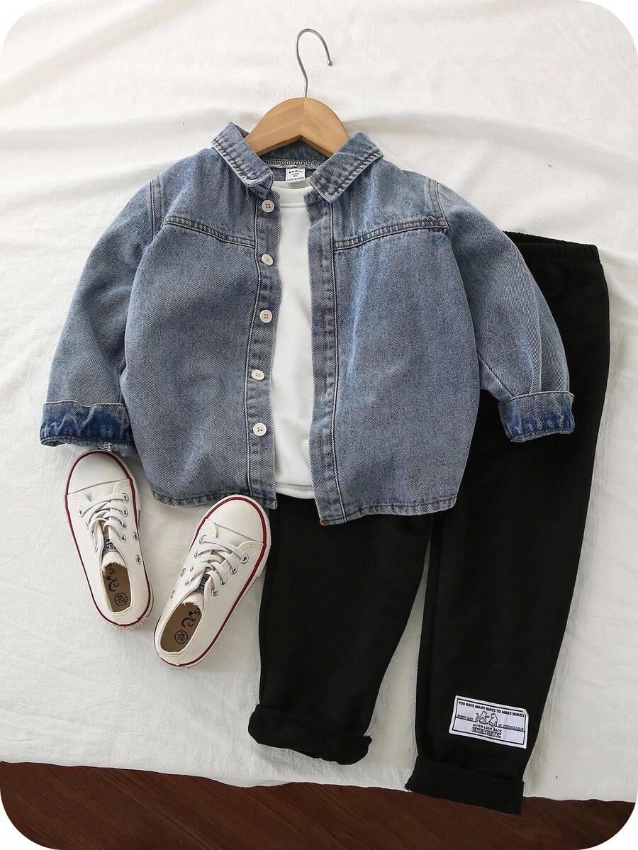 SHEIN 2 件套年轻男童蓝色水洗双面领厚衬衫上衣和羊毛运动裤套装，休闲运动校园风格，适合居家和户外穿着 - 彩色 - 查看 1