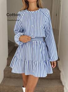 Easowa Round Neck Button Half-Open Collar Waist Gathered Ruffled Hem A-Line Maxi Dress, Long Sleeve, Casual Loose Commuter Vintage Style Cotton Striped Mini Dress For Women - Blue and White - View 3