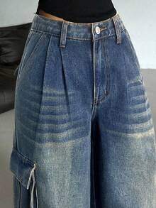 少女Y2K 90年代复古水洗褶皱牛仔低腰宽松阔腿工装裤，返校休闲风，街头潮流，秋冬必备 - 中等水洗藍 - 查看 3