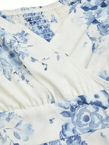 SHEIN CURVE+ 大码女式甜心领印花雪纺荷叶边短袖优雅复古可爱假日浪漫中长款伞裙