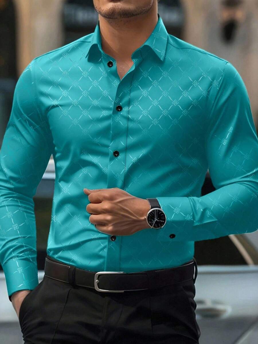 Manfinity Mode 男士纽扣长袖修身商务正装衬衫，长袖男士衬衫，秋季 - 薄荷藍 - 查看 1