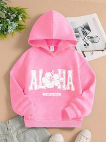 SHEIN 少女休闲宽松蓝白字母花卉印花卫衣 - 粉色 - 查看 3