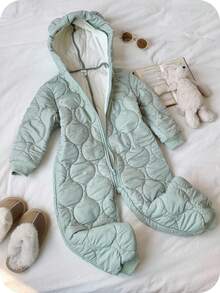 SHEIN Zielony, teksturowany, termiczny, podszyty, swobodny, w stylu vintage, chłopięcy kombinezon typu "wszystko w jednym", z kapturem i długim rękawem, odpowiedni do zabawy na śniegu, na jesień/zimę