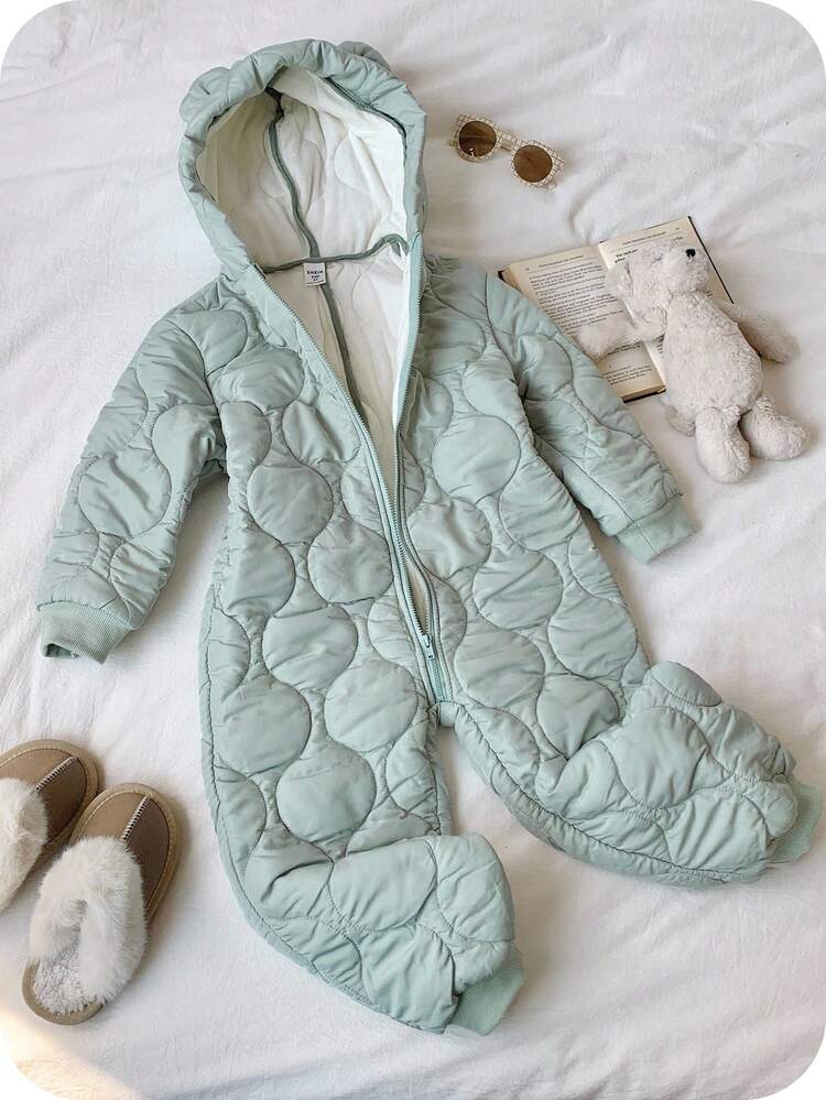 SHEIN 男童绿色纹理保暖连帽连体衣，复古休闲一体式服装，适合秋冬季户外活动 - 薄荷綠 - 查看 4
