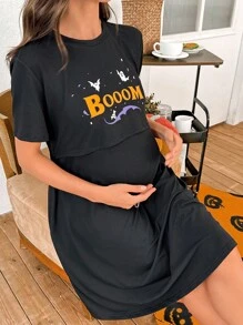 SHEIN Camisón de maternidad de manga corta con estampado de elementos de Halloween "Luz de luna y mamá"