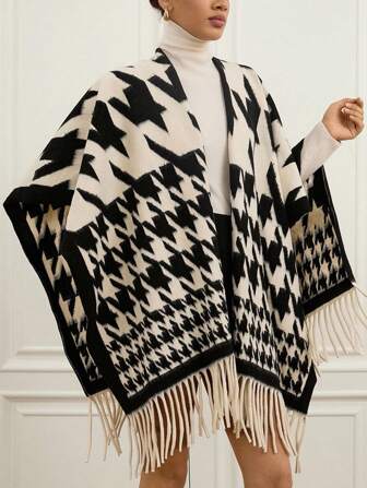 Aveloria Rosie Women's Vintage Houndstooth Color Block Fringe Scarf Shawl Wrap, Dual-Use Long Knitted Cardigan Sweater, Autumn/Winter