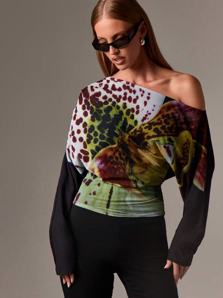 Off Shoulder Blouse With Floral Pattern
