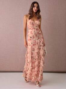 Enchnt 秋冬浪漫女士优雅粉色花卉印花拼布荷叶边下摆修身优雅吊带长裙，甜美优雅，适合度假、约会、节日、派对、毕业典礼、婚礼宾客和海滩、舞会礼服、优雅派对礼服 - 粉色 - 查看 3