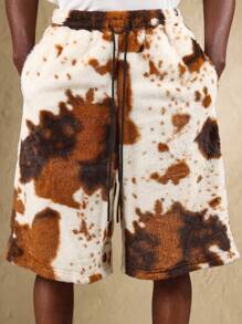 SUMWON 牛皮印花羊毛抽绳短裤毛皮图案阔腿街头风格节日休闲家居服超大宽松冬季裤 - 咖啡棕 - 查看 6