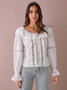 Enchnt 女士优雅纯色蕾丝边衬衫