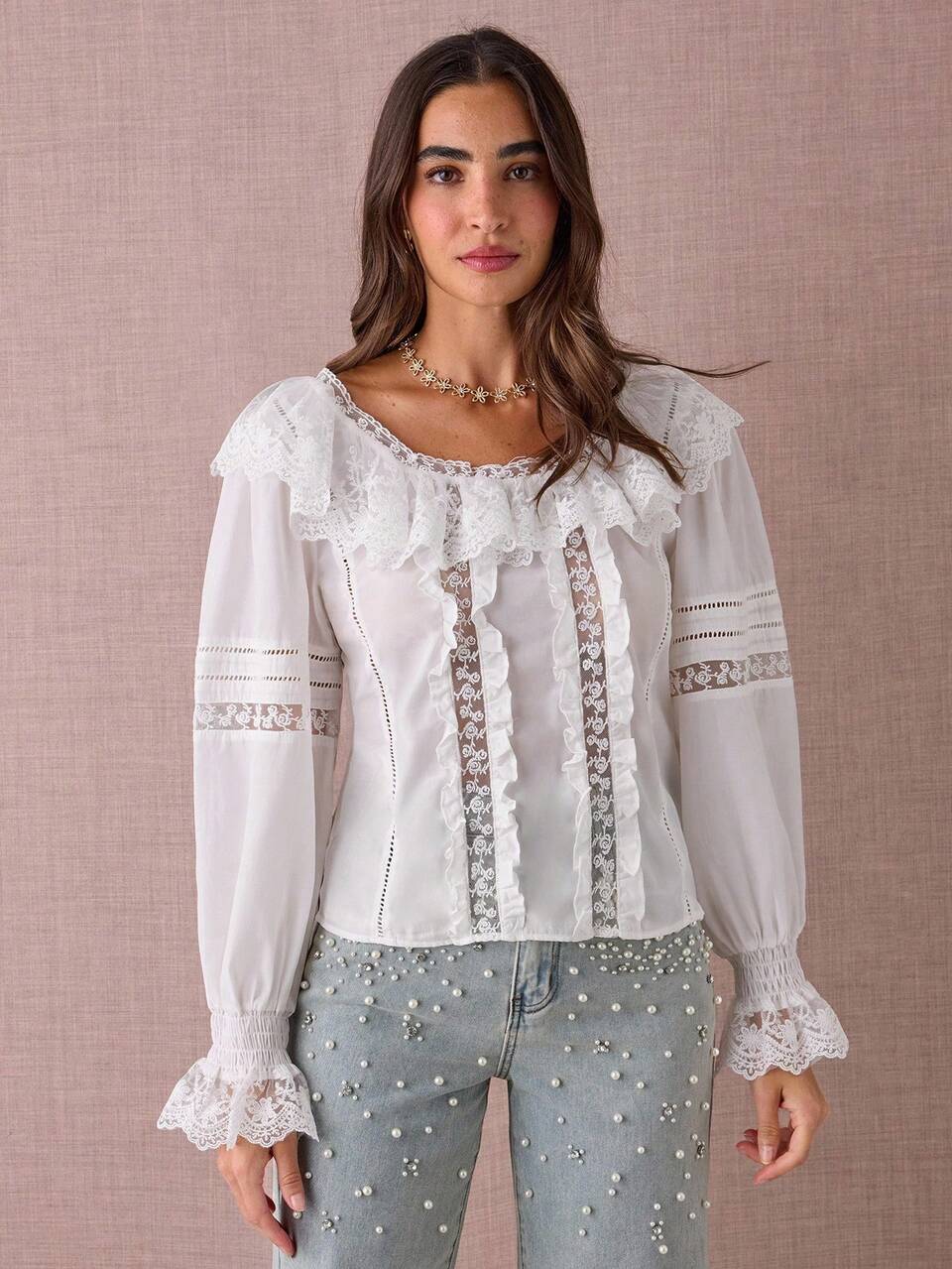 Enchnt Women's Elegant White Lace Trim Blouse, Autumn Clothes For Tea Party,Holiday,Birthday & Sweet Date,Casual Versatile Fall/Winter Top