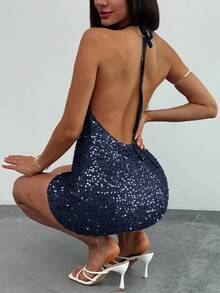 Aloruh 女士性感亮片露背挂脖迷你连衣裙，夏季 - 藏蓝色 - 查看 2