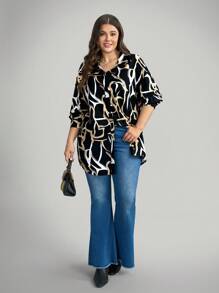 Comfylo 秋季休闲日常穿着，大码女式几何印花长袖衬衫，休闲宽松舒适长款，适合居家和度假，秋季，感恩节假期 - 彩色 - 查看 2