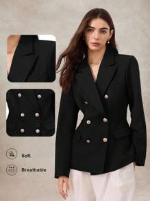 Briarwyn 女士优雅通勤纯色双排扣西装外套，秋季女士，冬季女士，老款风格，返校，复古女士，女士教师，冬季夹克 - 黑色 - 查看 3