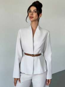 Firerie Women's Elegant Linen Solid Color Stand Collar Long Sleeve Cinched Waist Linen Blazer, Versatile For Autumn, Fall, Old Money Style, Office - Apricot - View 2