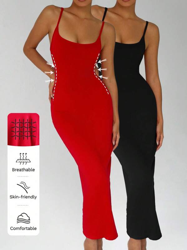 FavEase Solid Color Tight-Fit Spaghetti Strap Holiday Dress Maxi Women Outfit