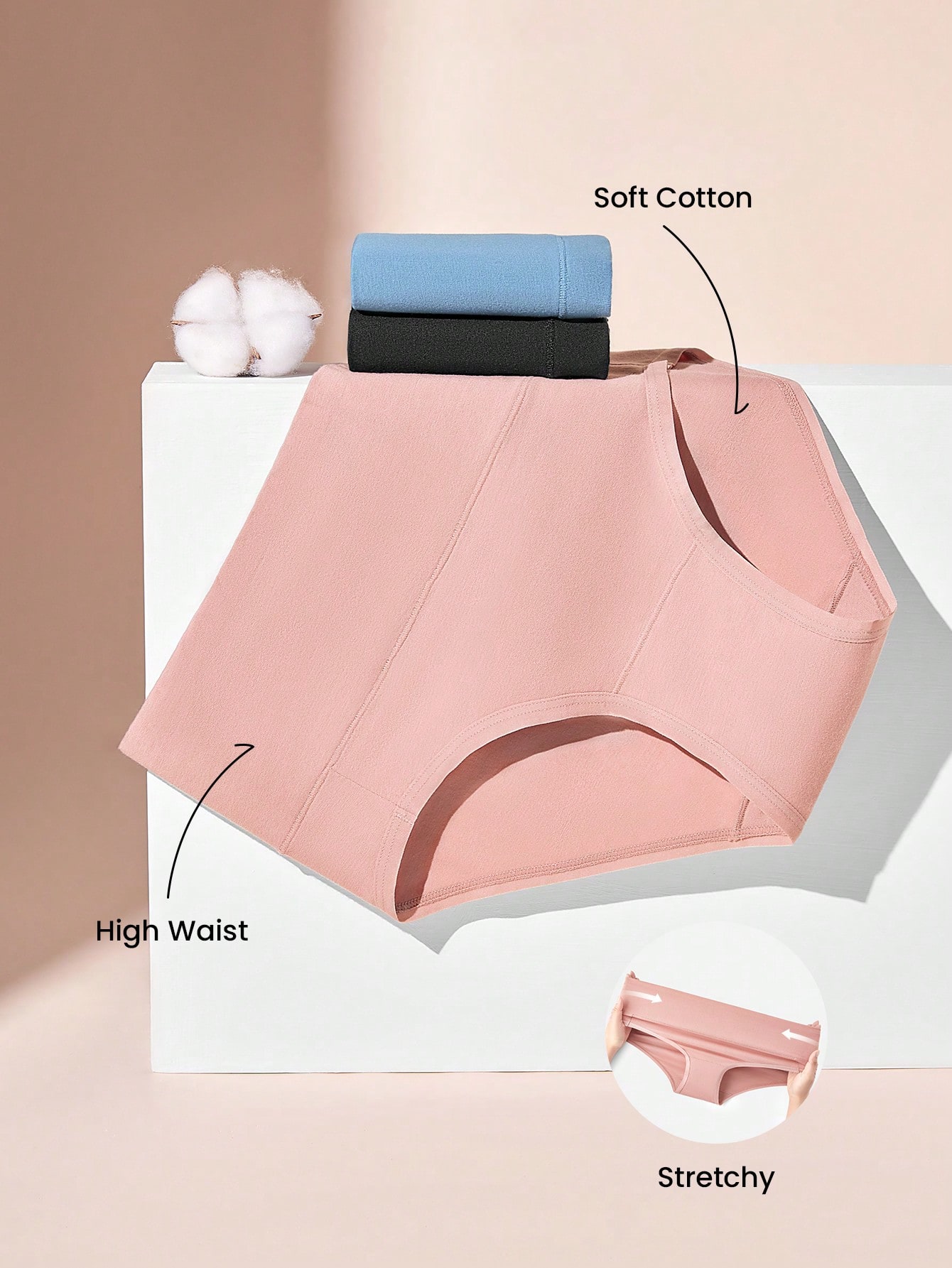 3 paquets de culottes hautes taille haute en coton pour femmes - rose