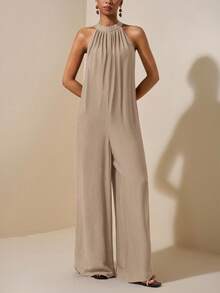Zivah Beach New Spring And Summer Leisure Vacation Daily Commuting Halter Neck Round Neck Sleeveless Ultra-Loose Wide-Leg Plus-Length Pants Women's Jumpsuit