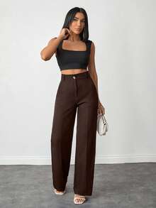 EURMUSE Women Solid Color Slant Pocket Wide Leg Pants - Brown - View 4