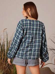 WESTFADE Blusa de mangas farol largas con cuello en V, lazada y estampado de cuadros al estilo occidental para Nashville - Verde Oscuro - Ver 2