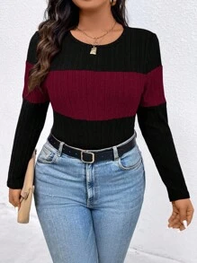 EMERY ROSE Plus Size Contrast Color Round Neck Ribbed Long Sleeve Casual T-Shirt Graphic Tees Women Tops For Spring Fall - Multicolor - View 7