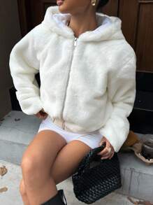 Muchica 女士约会之夜女士休闲蓬松连帽运动衫，秋冬飞行员夹克女士滑雪季夜店风格 - 白色 - 查看 5