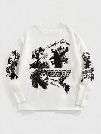 Street Life Suéter de punto con cuello redondo estampado para hombre, y fresco