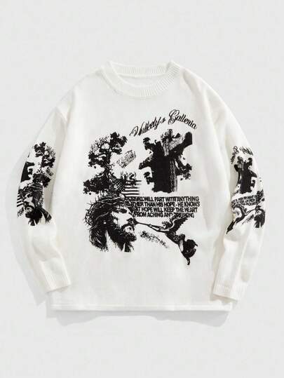 Street Life Maglione lavorato a maglia con scollo a giro e stampa, fresco e alla moda per uomo