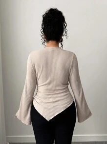 Elenzga Plus Size Women's Soft Brushed Apricot Long Sleeve T-Shirt, Asymmetrical Hem, Suitable For Commuting And Dating, Autumn/Winter Fall Cloth For Women - Apricot - View 2