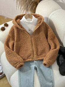 SHEIN Tween 女童休闲连帽拉链羊毛夹克，带有可爱卡通耳朵，保暖衬里，适合秋冬季