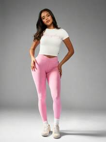 Missguided x Playboy Quần bó tập thể dục cạp cao định hình cơ thể Quần bó liền mạch siêu mềm Quần bó tập yoga thể thao thiết kế nâng mông có nếp gấp - Hồng - Xem 3