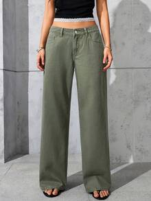 SHEIN ICON 休闲水洗低腰直筒牛仔裤 - 軍綠色 - 查看 5