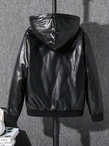 SHEIN Tween Boys' Casual Everyday Versatile Comfortable Motorcycle Style PU Faux Fur Lined Thick Woven Jacket Suitable For Birthday Parties, Evening Parties, Performances, Weddings, Baptisms, Opening Ceremonies Daily Suitable For Daily Use Suitable For School Suitable For Travel Suitable For Sports Suitable For Autumn And Winter Hooded Jacket Faux Leather Jacket Jackets For Tweens Zip Up Jackets Tween Teen Boy Jackets Fall - Black - View 2