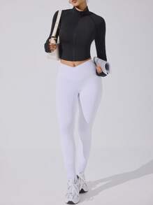 Dewbera Plain Knitted Crop Top Jacket For Women With Stand Collar And Breathable Sheer Panels Gym Shirt Women Long Sleeve Gym Top - Black - View 5