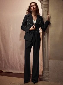 MOTF PREMIUM 女士秋季水钻装饰翻领优雅时尚西装外套 - 黑色 - 查看 6