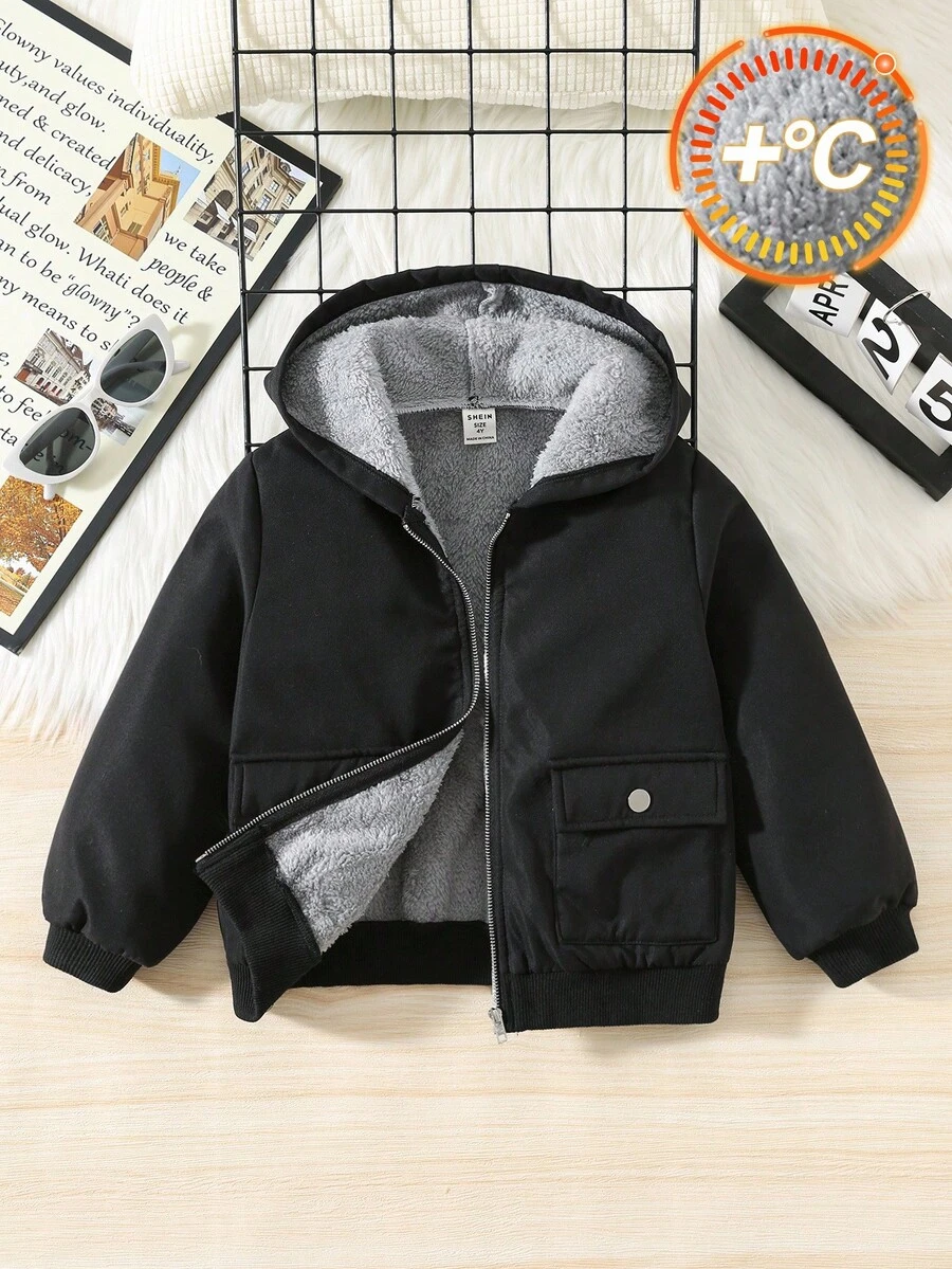 SHEIN 男童休闲舒适保暖连帽加厚羽绒服，冬季男童冬季外套，男童黑色抓绒外套，男童连帽冬季外套，男童带帽冬季大衣，男童黑色羊羔绒外套