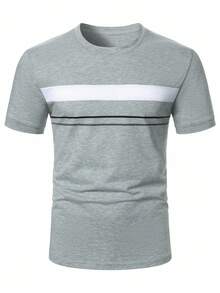 Manfinity Homme 男士休闲拼色条纹短袖T恤，夏季 - 淺灰色 - 查看 4
