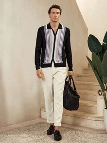 Manfinity Homme Áo khoác cardigan sọc tương phản thường ngày dành cho nam - màu đen - Xem 4