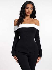 SHEIN SXY Women's Elegant Black & White Contrast Vintage Off Shoulder Blouse,Autumn Classy Top For Dining,Dates,Commute,Formal Occasions,Button-Up Corset Top - Black and White - View 4