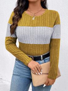 EMERY ROSE Plus Size Contrast Color Round Neck Ribbed Long Sleeve Casual T-Shirt Graphic Tees Women Tops For Spring Fall - Multicolor - View 7