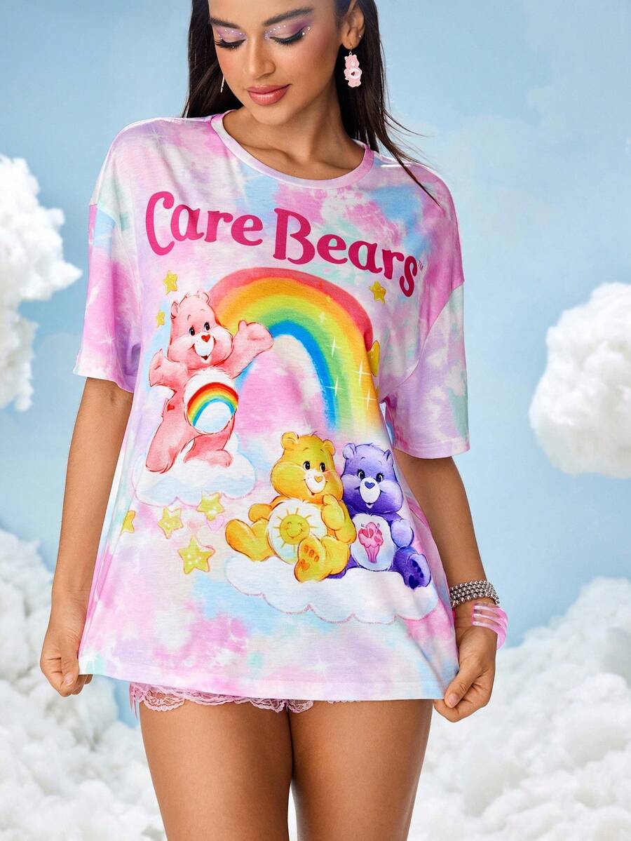 SHEIN X Care Bears 女款卡通熊与彩虹图案圆领短袖T恤