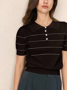 BizChic 2025 秋冬黑色 Polo 领半拉链单排扣撞色纽扣条纹针织毛衣上衣，优雅现代，适合商务、休闲、办公室、约会、派对、婚礼嘉宾、生日、万圣节、圣诞节 - 紫色 - 查看 2