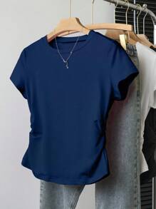 INAWLY 大码女式休闲纯色圆领短袖T恤上衣 - 藏蓝色 - 查看 1