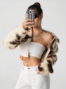 SHEIN ICON Women's Leather & Fur Patchwork Jacket, Autumn/Winter Cropped Jackets,Fall - Mocha Brown - View 3