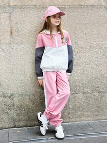 SHEIN 2pcs/Set Tween Girls Hooded Zip-Up Printed Long Sleeve Jacket & Patchwork Contrast Color Cargo Pants, Casual American College Style